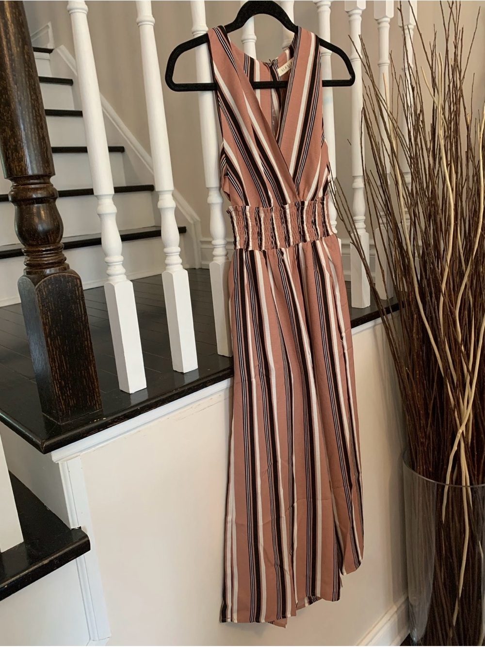 Striped V-Neck Sleeveless Maxi Dress in Dusted Pink and Black